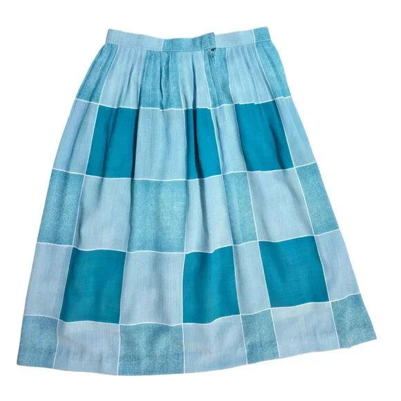 Vintage Mid Century Pleated Blue Checkered Pattern Knee Length Lined Skirt S/M - Picture 2 of 6